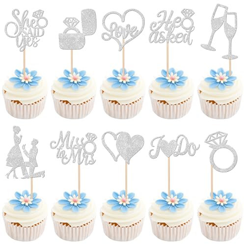 30 Stück He Ask She Said Yes Tortendeko Glitzer Miss to Mrs Cupcake Toppers Diamant Ring Kuchen Deko für Verlobung Hochzeiten Thema Party Kuchen Dekorationen Silber