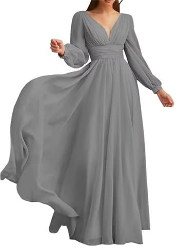KURFACE Grey Bridesmaid Dresses Long Sleeve for Women Plus Size Fall Chiffon Wedding Guest Dress UK28
