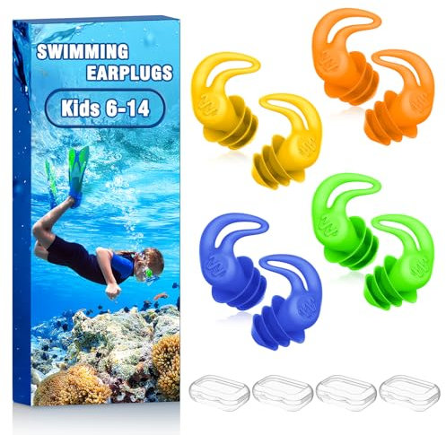 Swimming Ear Plugs for Kids - 4 Pairs Reusable Silicone Swim Earplugs,Waterproof Ear Protection for Children's Swimming,Surfing, Bathing & Water Sports.(6-14 Years Old)