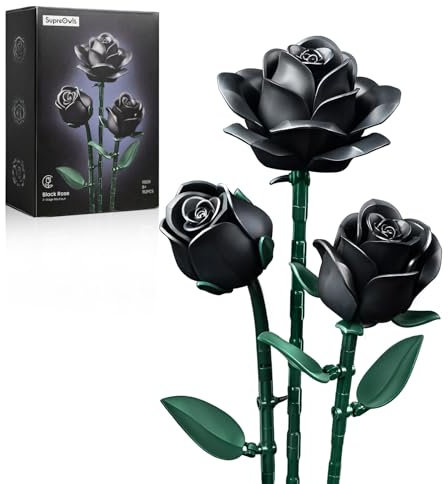 Millionspring Schwarzer Rosenstrauß-Bausatz mit 3 schwarzen künstlichen Rosen, Geschenke für sie zum Geburtstag, Jahrestag, Valentinstag, Muttertag, Weihnachten, 152-teilig