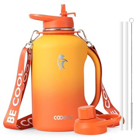 Coolflask 2L Water Bottle Insulated Stainless Stee with Handle & 2 Lids | Triple-Wall Vacuum Copper Plating, Cold 48+h/Hot 24+h, Dishwasher Safe, Leakproof, BPA-Free, for Gym & Hiking, Lavender