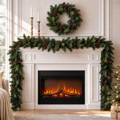 Weihnachtsgirlande 2.7M, künstliche Tannengirlande mit Zapfen und Beeren | 220 Biegsame Zweige, Tannenzapfen und Rote Beeren, Dekoration für Kamin, Treppe, Fenster, Türrahmen, Garten und Terrasse