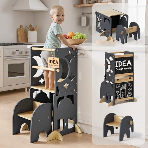 COSYLAND Lernturm ab 1 Jahr, klappbar – 4in1 Lernturm Kinder mit Doppeltafel, Stehhilfe & Schreibtisch mit Stuhl, Elefanten-Hocker als Tritthocker, Grau/Natur