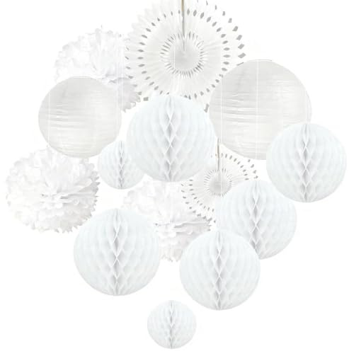 Didabotak White Party Decoration Kit,14PCS Tissue Pom Poms Flowers White Paper Fans Lanterns Honeycomb Balls for Wedding Engagement Birthday Bridal Shower Party Decoration