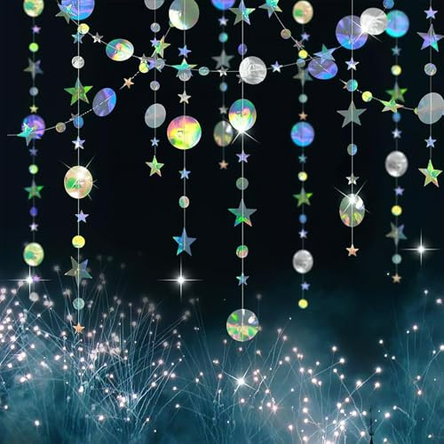 4 Stück Hängenden Papier Girlande (4m), Holographisch Regenbogen Deko, Bunt Glitzer Papier Circle Dots Garland für Geburtstag, Valentinstag,Abschlussfeier, Hochzeit, Weihnachten Party Deko