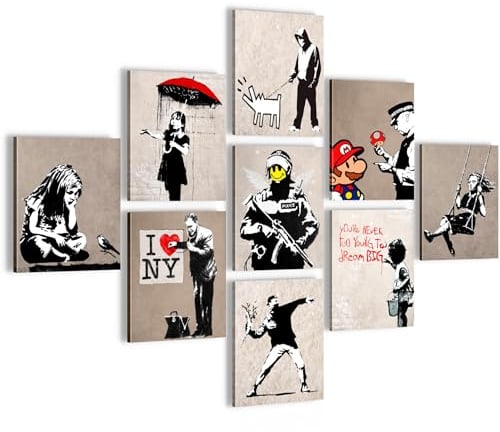 Novart Wandbilder Banksy - KOMPLETT AUFHÄNGFERTIG - Street Art Wohnzimmer Schlafzimmer Büro - 7 Moderne Mood - Bilder - N041091b