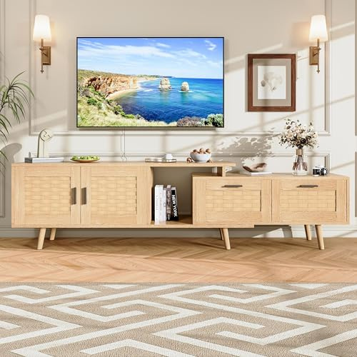 BSMGSGN TV-Möbel aus Rattan mit 2 Türen und 2 Schubladen, Multimedia-Entertainment-Center aus ausziehbarem Holz, mit offenem Regal, TV-Konsolentisch für Wohnzimmer