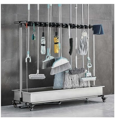 Reinigungswagen mit 24 Ablagen und 30 Haken, mobiler Werkzeugnizer, Edelstahl, Mopphalter mit Rädern, für Garten, Garage, Haus, 109 x 40 x 124 cm