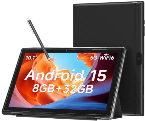 10 Inch Android 15 Tablet, 8GB RAM 32GB Storage Tablets, 10.1 HD IPS Display, 5G WiFi-6, Tablets with 6000mAh Battery, Dual Camera for Video Call, Android Tablet with Case & Stylus Pen for Work/Study