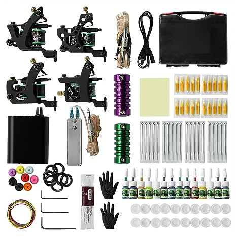 TTOOGO Spulen -Tattoo -Maschinen -Kit zum Auskleiden, Schattieren und Färben - Komplette Tattoo -Geräte mit 4 Maschinen, Patronen, Fußpedal, Netzteilangebot