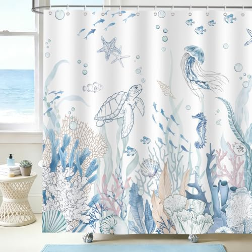 hometrixx Meer Duschvorhang Unterwasserwelt Schildkröte Fisch 180x200 Blau | Wasserdicht Polyester, Maschinenwaschbar, Badevorhänge mit 12 Ringe, Schimmelresistent Badezimmervorhang für Dusche Bad