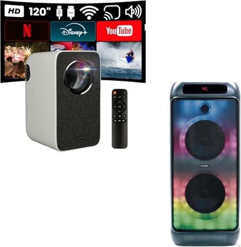 SALORA PARTYBOX400 Enceinte Bluetooth 400W avec LED + Projecteur HD 45BHM2550 2500 Lumens 720p – Set Audio et Vidéoprojecteur pour Intérieur et Extérieur