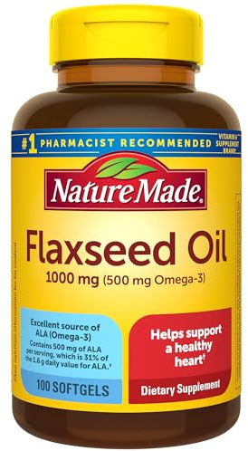 Nature Made Flaxseed Oil 1000 mg, Fish Free Omega 3 Supplement, Dietary Supplement for Heart Health Support, 100 Softgels, 100 Day Supply