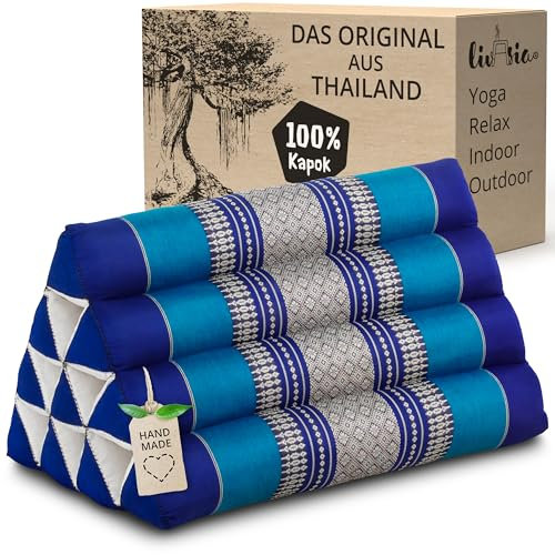 livasia Rückenstützkissen mit Muster - 30x50x30cm - Dreieckskissen für den Garten, Keilkissen mit Kapok, vegan und handgefertigt, Meditationskissen (Blau)