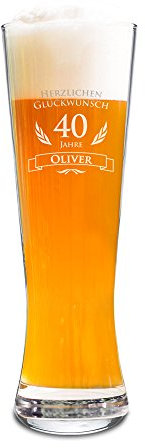 AMAVEL Weizenbierglas mit Gravur zum 40. Geburtstag - Personalisiert mit Namen - 0,5l Bierglas – individuelles Weizenglas als Geburtstagsgeschenk für Männer – Geburtstags-Geschenk-Idee