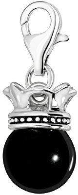 Quiges Charm Anhänger Schwarz Kunstlichen Perle mit Krone 925 Silber mit Karabinerverschluss für Bettelarmband