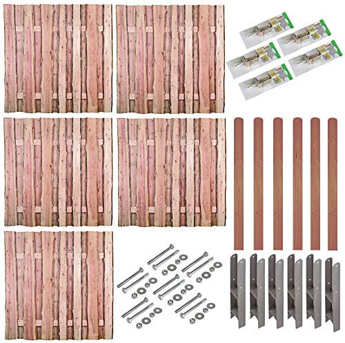 Holz-Zaun Dresden| Komplettset mit Montagematerial & 5 Stk. Bohlenzaun 180x180 cm & 6 Stk. Pfosten 9x9x190 cm | ca. 9,5 lfd. Meter | Gartenzaun | Sichtschutz Lärche | Sichtschutz-Zaun | Windschutz