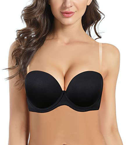 HWDI Soutien-gorge push-up sans bretelles à armatures pour femme - Coupe basse - Convertible - Bretelles transparentes, noir, 105A