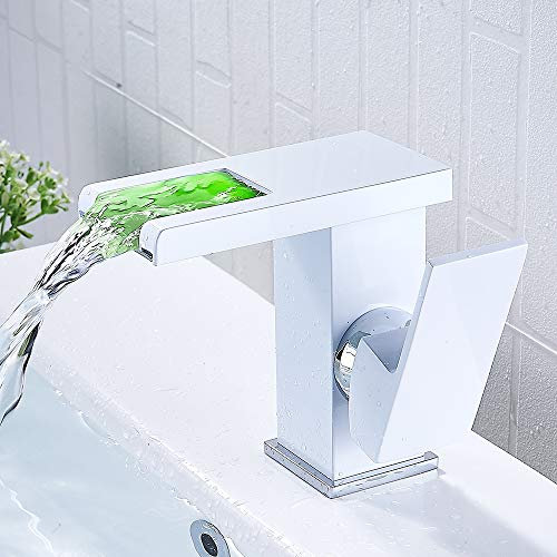 Grifo de Lavabo para Baño con Luz LED Cascada,Mezclador de Baño Monomando Mezclador Latón y Vidrio, Griferia Agua Fría y Agua Caliente (blanco)