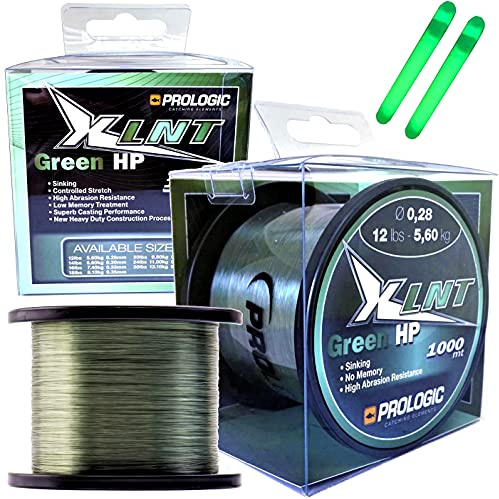 PROLOGIC XLNT HP Green Monofil Karpfen Schnur 1000m - Monofilschnur Angelschnur Karpfenschnur - 0,28mm bis 0,43mm + GRATIS 2er Pack Knicklichter (‎0,43mm / 13,10kg (30 lbs))