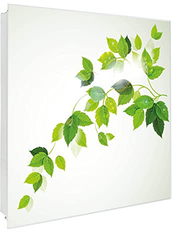 banjado® Großer Schlüsselkasten Glas/Schlüsselbox 30cm x 30cm mit 50 Haken - Motiv Ranke Gelb Weiß/Schlüsselkasten modern für Schlüsselaufbewahrung mit beschreibbarer, magnetischer Glastür