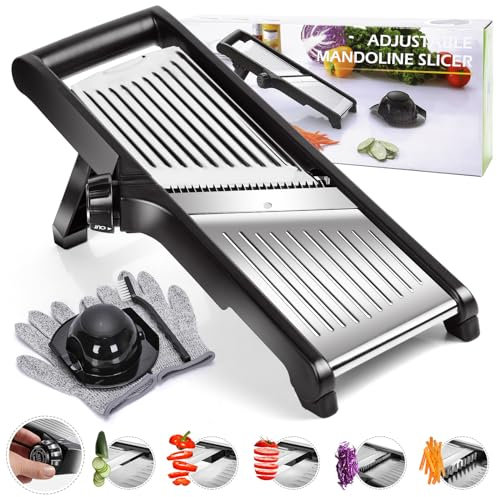 Myiosus Adjustable Mandoline Slicer, 5 in 1 Mandoline Vegetable Slicer, Stainless Steel Salad Chopper Mandolines Julienne, Veg Cutter for Potato, Onion, Fruit, Vegetable Includes Safety Gloves