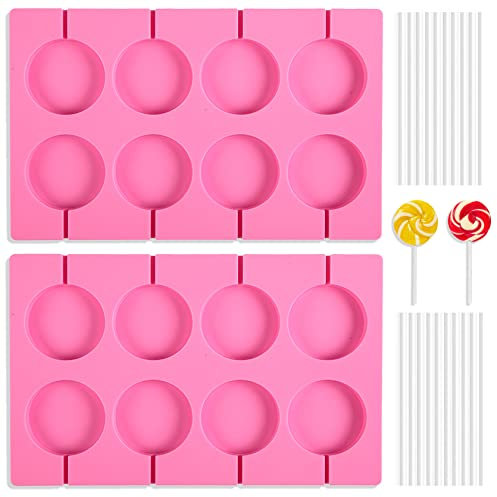Moules à sucettes en silicone - Moules à sucettes durs et 2 x 8 ronds antiadhésifs avec 20 bâtonnets pour bonbons, pain, gelées, chocolat, etc