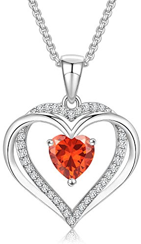 Praelinos Kette Damen Liebe Herz Geburtsstein Anhänger Halskette für Damen Weiß Vergoldet 5A Kubik Zirkonia Schmuck Geschenk für Mama Frauen Freundin Valentinstag Geburtstag Weihnachten (Granat)