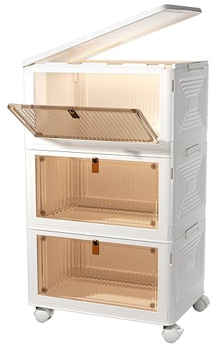 3 Tier Stackable Storage Bins with Lids, 23Qt Plastic Storage Containers with Magnetic Doors & Wheels, Convenient Storage Bins Closet Organizers, Household Organization for Home, Party, Office, Dorm