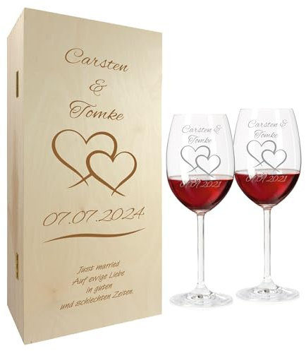 laser-diele Geschenk zur Hochzeit – Wein Geschenksets – Weinglas mit Gravur 460ml – Geschenke für Paare – Rotwein (Zwei Herzen)
