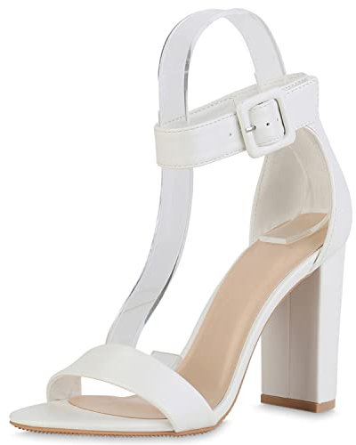 VAN HILL Damen Riemchensandaletten Sandaletten Elegante Freizeit Schuhe Blockabsatz Absatzschuhe Basic Riemchenschuhe 211506 Weiss 40
