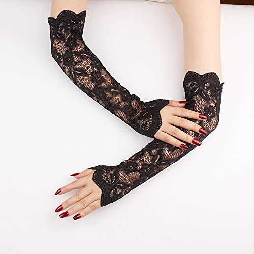 Wambere Damen Kühlung Arm Ärmel,Spitze Lange Handschuhe Arm Sleeve Sonnenschutz Ärmel Spitzen Ärmlinge Stulpe Fahrradhandschuhe Ellenbogen Handschuhe für Radfahren,Laufen,Golf,Fahren,Schwarz