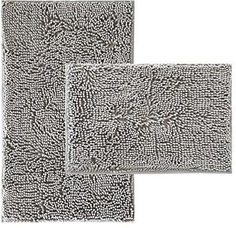 RUN HELIX Badematte Set, Weiche Chenille rutschfeste BadTeppich, 50x80 cm Badematte, 40x60cm Saugfähiges Badezimmer Teppiche, Hellgrau