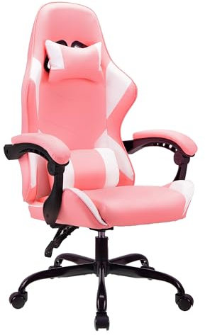 T-THREE.Ergonomic high-back gaming, computer, office, study, swivel, and racing-style chair with adjustable lumbar and headrest support, 150kg weight capacity, ideal for home office(Pink)
