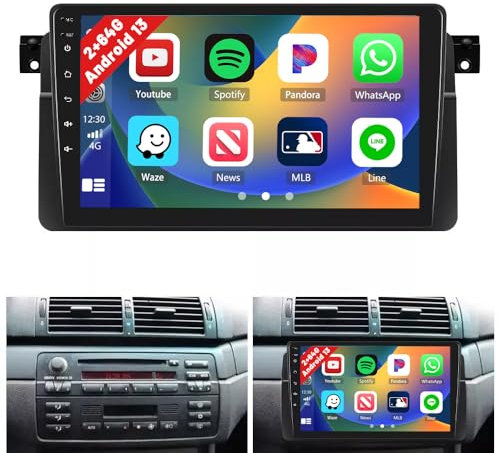 Hikity 2G+64G Android Radio Coche para BMW E46 1999-2005 Wirele Carplay Android Auto 9 Pulgadas Pantalla Tactil con WiFi/Enlace Espejo/Bluetooth Manos Libres/USB/FM RDS,Cámara Trasera