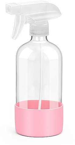 Rionisor Botellas pulverizadoras de vidrio con protección de funda de silicona, recipientes vacíos recargables de 16 onzas, botellas de spray reutilizables con boquilla ajustable para el cabello,