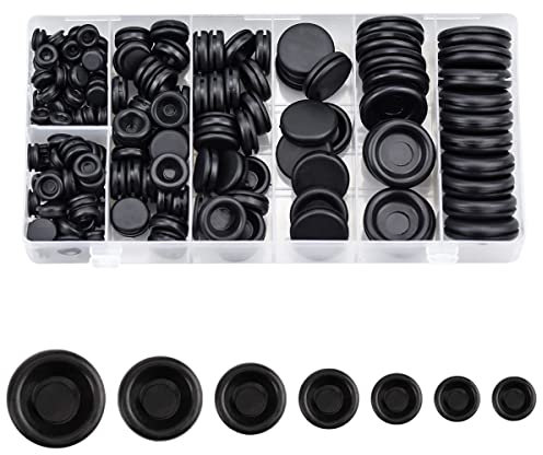 Rubber Grommets Kit, 170 Pcs 7 Assorted Sizes Black Rubber Grommets for Holes, Wire Rubber Plug Gaskets Assortment for Car, Boat, Pump, Plumbing, Cables Plugs, Wiring, Electrical Conductor