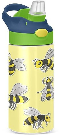 Abeille Sauvage Jaune Bouteille d'eau Chaude en Acier Inoxydable Thermique Étanche avec Paille Brosse Tasse 350ml pour Garçons Filles Enfants