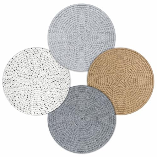 fanquare Platzsets 4er Set, Runde Geflochtene Baumwolle Tischsets, rutschfeste Waschbare Hitzebeständig Platzdeckchen für Esstisch Küche, 30cm