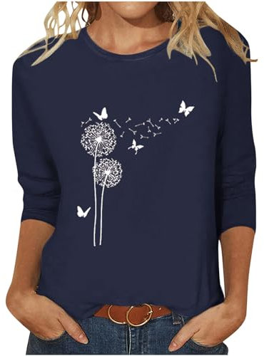 Elegant Bluse Damen Slim Fit T-Shirt 3/4 Ärmel Longshirt Sommer Casual Oberteile Baumwolle Leicht Tunika Tops Mode Rundhals Wickelbluse Löwenzahn Sommershirts Sale Angebote