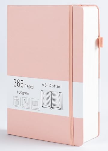 Thick Bullet Notebook with 366 Numbered Pages, A5 Dotted Journal for Writing with 100GSM Dot Grid Paper, Hardcover Leather Notebooks for Women Men School Note Taking Office Work Diary, 5.7x8.3 Blush