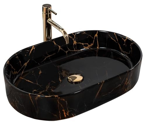 Rea VASQUE À POSER NADIA 60 BLACK MARBLE SHINY Lavabo Salle de Bain 10 x 61 x 12 cm en Céramique (Noir)