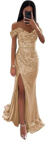 BABYONLINE D.R.E.S.S. Robe de Bal Longue Elégante à Paillettes Robe pour Mariage Invitée Femme Temoin Épaules dénudées Rose Or 32