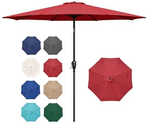 Simple Deluxe 2.74M Outdoor Market Table Patio Umbrella with Button Tilt, Crank and 8 Sturdy Ribs for Garden, Deck, Lawn, Backyard & Pool, Red