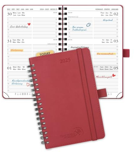 POPRUN Taschenkalender 2025 Klein Ringbuch mit Softcover, ca. A6 (16 x 10,5 cm) - Kalender 2025 Klein (Jan.2025-Dez.2025) - Terminplaner 1 Woche 2 Seite mit Plastiklineal - Burgunderrot