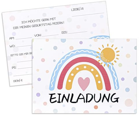 MumdoYAL 12 Stück Einladungskarten Kindergeburtstag | Karten mit Regenbogen- Herzform-Sonne-Motiven | Mädchen & Jungen | geburtstagseinladungen | Größe:150mmx108mm | Papiergewicht :350g
