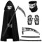 Sensenmann Kostüm Kinder Sensemann Umhang mit Kapuze Unisex Halloween Umhang Cloak Schwarz With Hood Mittelalter Samt Hexe Grim Reaper Kostüm mit Sense Skelett Maske SchädeHandschuhe C010-S