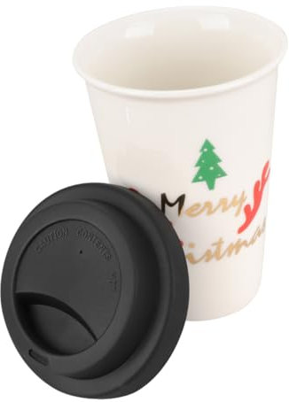 Yardenfun Weihnachtstasse aus Keramik ohne Henkel mit Silikondeckel für Kaffee Tee Milchtee