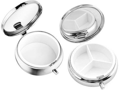 2 Stück Pillendose Klein für Unterwegs - Runde Tragbare Tablettendose aus Metall mit 3 Fächern für Tägliche Nutzung und Reise