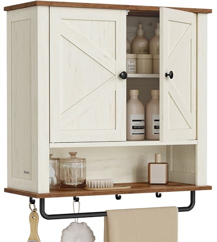 VASAGLE LIRY Collection - Bathroom Wall Cabinet, Farmhouse Wall-Mounted Medicine Storage Cabinet with 2 Barn Doors, Adjustable Shelf, Towel Bar, 7.9 x 23.6 x 28.7 Inches, Rustic White UBBK131W01S